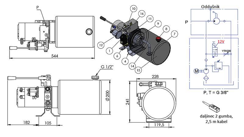 MINI HIDRAULIKUS EGYSÉG 12V DC - 1.6kW = 2.1cc - 8 lit - egyirányú szerelvény KÉZI PUMPÁVAL