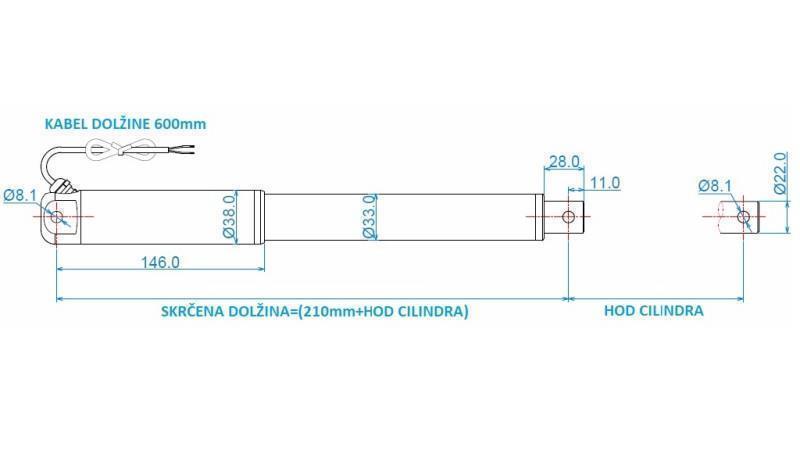 ELEKTRISCHE CYLINDER 12V 100kg-9mm/sec SLAAG 300mm - afmetingen